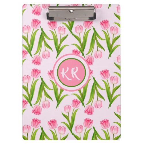 Pretty Pink Tulip Floral Flowers Leaves Monogram Clipboard