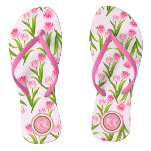 Pretty Pink Tulip Floral Flowers Leaves Monogram F Flip Flops