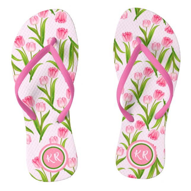 Pretty Pink Tulip Floral Flowers Leaves Monogram F Flip Flops (Footbed)