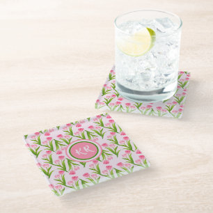 Pretty Pink Tulip Floral Flowers Leaves Monogram Glass Coaster