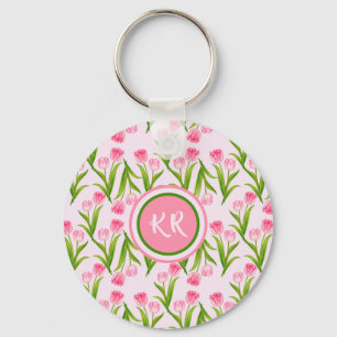 Pretty Pink Tulip Floral Flowers Leaves Monogram Keychain