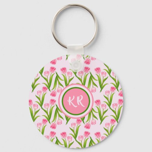 Pretty Pink Tulip Floral Flowers Leaves Monogram  Keychain