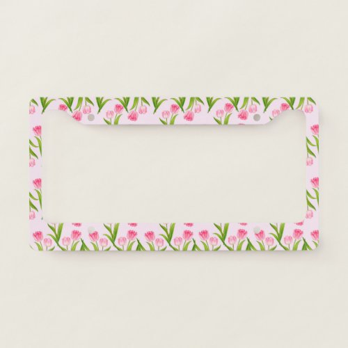 Pretty Pink Tulip Floral Flowers Leaves Monogram License Plate Frame