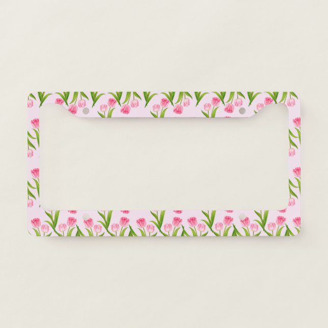 Pretty Pink Tulip Floral Flowers Leaves Monogram License Plate Frame (Front)