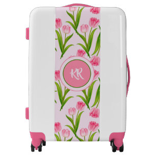 Pretty Pink Tulip Floral Flowers Leaves Monogram Luggage
