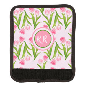 Pretty Pink Tulip Floral Flowers Leaves Monogram Luggage Handle Wrap