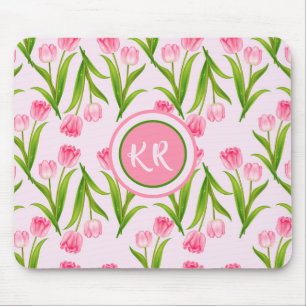 Pretty Pink Tulip Floral Flowers Leaves Monogram Mouse Pad