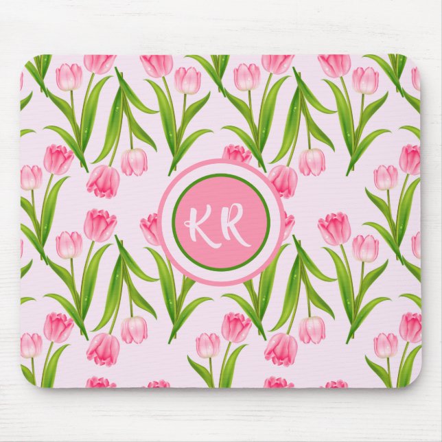 Pretty Pink Tulip Floral Flowers Leaves Monogram  Mouse Pad (Front)