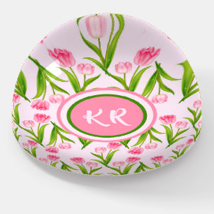 Pretty Pink Tulip Floral Flowers Leaves Monogram Paperweight