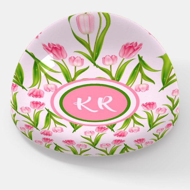 Pretty Pink Tulip Floral Flowers Leaves Monogram  Paperweight (Angled)