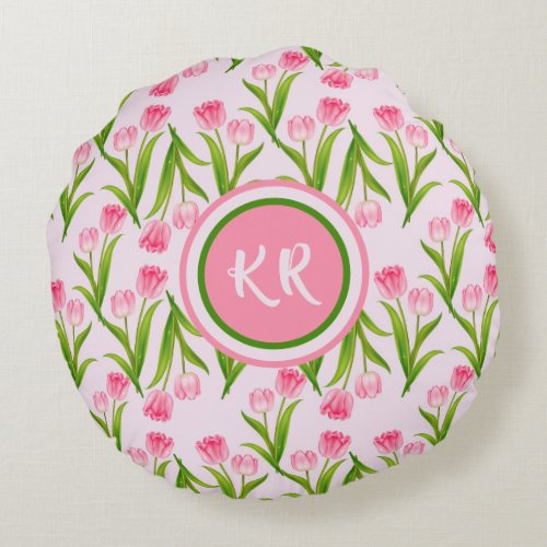 Pretty Pink Tulip Floral Flowers Leaves Monogram Round Pillow