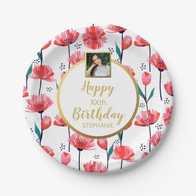 Pretty Pink Tulip Flowers, Birthday, Custom Photo Paper Plates (Front)