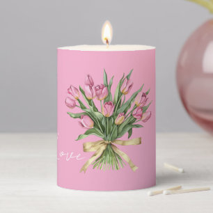 Pretty Pink Tulip Flowers Gold Bow Love Pillar Candle