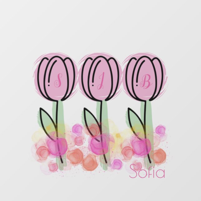 PRETTY PINK TULIP FLOWERS SPRING PASTEL MONOGRAM  WALL DECAL  (Front)