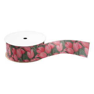 Pretty Pink Tulip Garden Watercolor Floral Art Grosgrain Ribbon