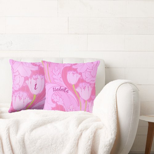 Pretty Pink Tulip with Name and Initial Floral Throw Pillow