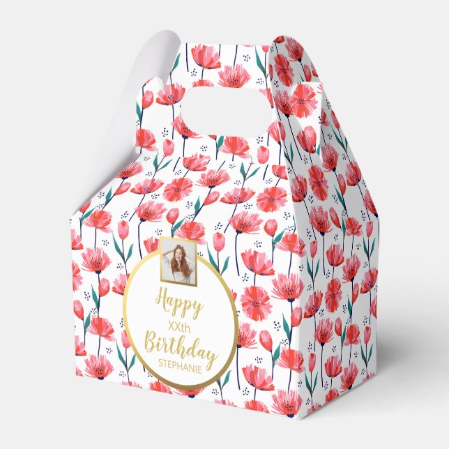 Pretty Pink Tulips, Add Photo, Happy Birthday Favor Boxes (Front Side)