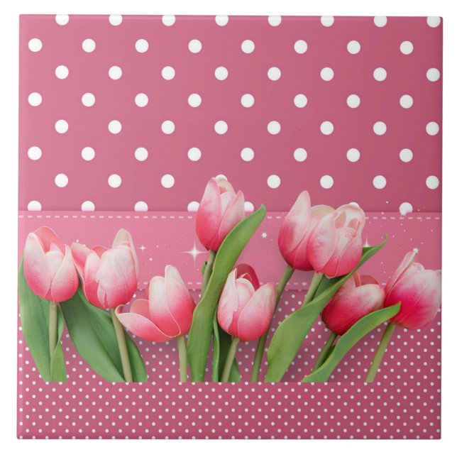 Pretty pink tulips and pink and white polka dots ceramic tile (Front)