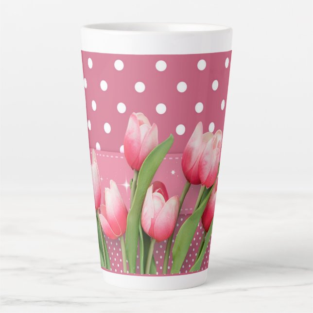 Pretty pink tulips and pink and white polka dots latte mug (Front)