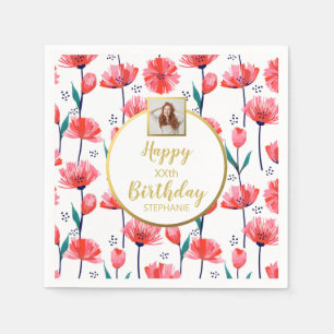 Pretty Pink Tulips, Custom Photo Text, Birthday Napkins