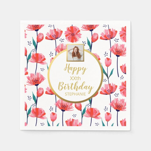 Pretty Pink Tulips, Custom Photo Text, Birthday Napkins (Front)