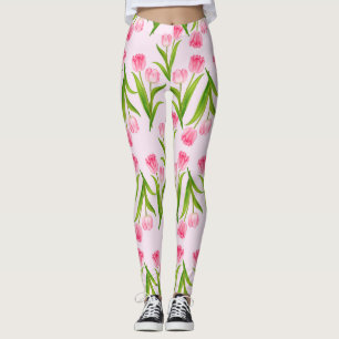 Pretty Pink Tulips Floral Flower Green Leaves Leggings