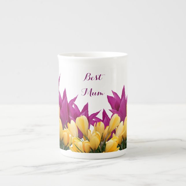 Pretty pink tulips floral stylish elegant best Mom Bone China Mug (Front)