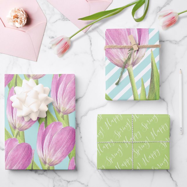 Pretty Pink Tulips Happy Spring Elegant Floral art Wrapping Paper Sheets (Creator Uploaded)