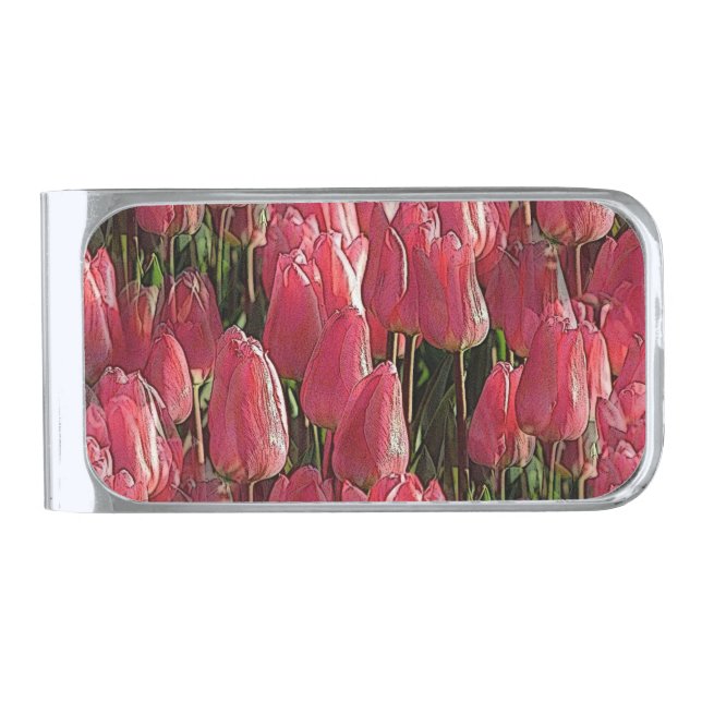 Pretty Pink Tulips Silver Finish Money Clip (Front)