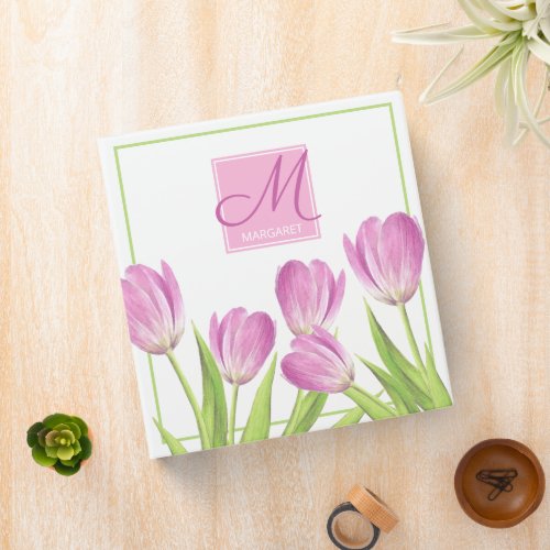 Pretty Pink Tulips Spring Elegant Floral Monogram 3 Ring Binder