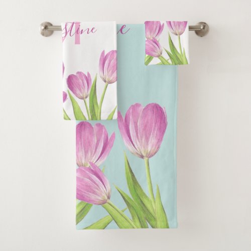Pretty Pink Tulips Spring Elegant Floral Monogram Bath Towel Set