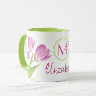 Pretty Pink Tulips Spring Elegant Floral Monogram