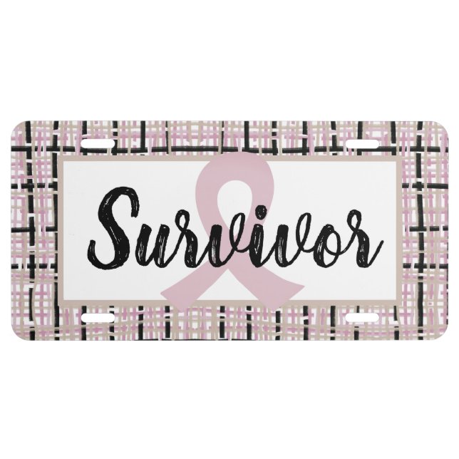 Pretty Pink Tweed Breast Cancer Survivor License Plate (Front)