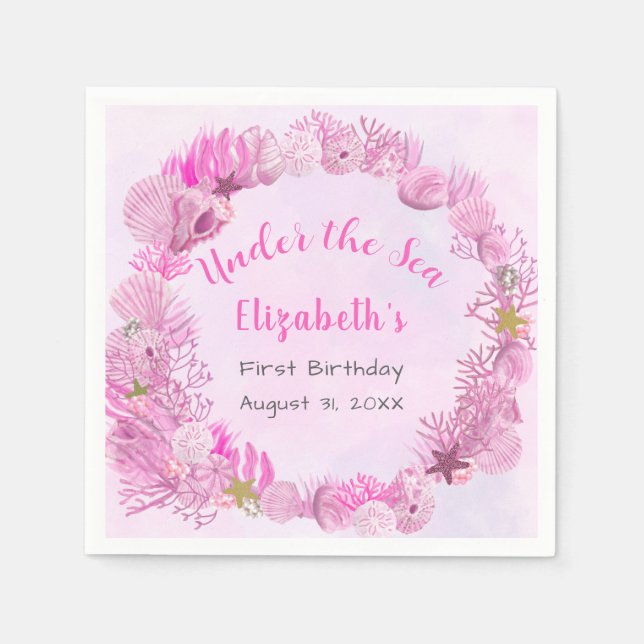Pretty Pink Under The Sea Girl's Birthday  Napkins (Front)