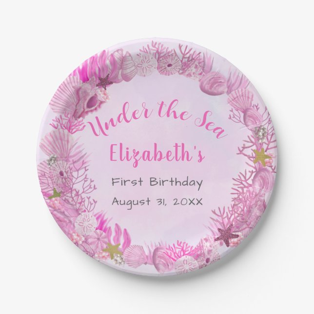 Pretty Pink Under The Sea Girl's Birthday  Paper Plates (Front)