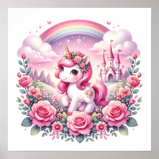 Pretty Pink Unicorn and Fairytale Castle  Poster (Front)