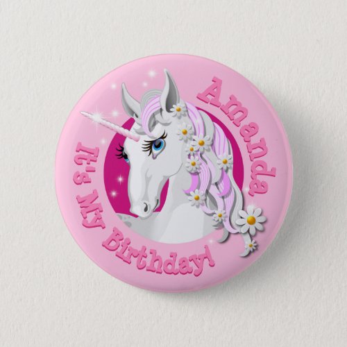 Pretty Pink Unicorn Birthday Party Button