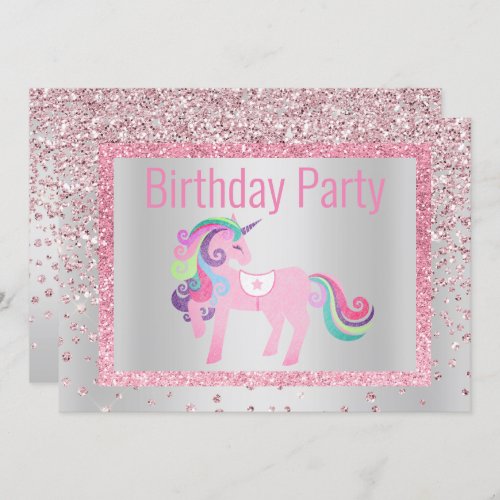 Pretty Pink Unicorn Cupcake Rainbow Birthday Invitation