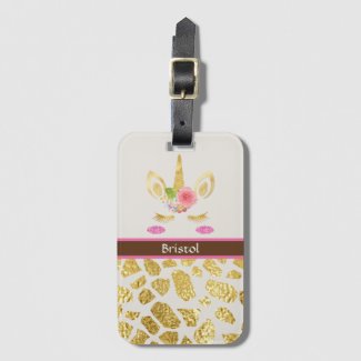 Pretty Pink Unicorn Gold Animal Print Personalized Luggage Tag