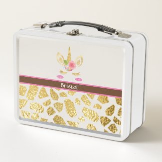 Pretty Pink Unicorn Gold Animal Print Personalized Metal Lunch Box