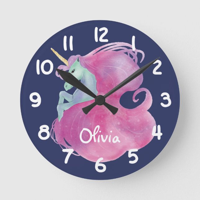 Pretty Pink Unicorn Kids Personalized Round Clock (Front)
