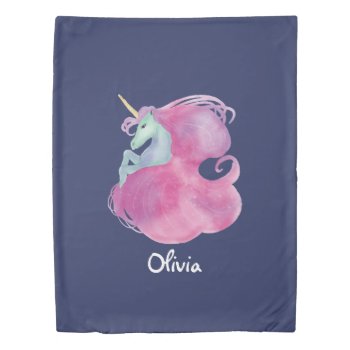Pretty Pink Unicorn On Blue Personalized Duvet Cover by AvenueCentral at Zazzle