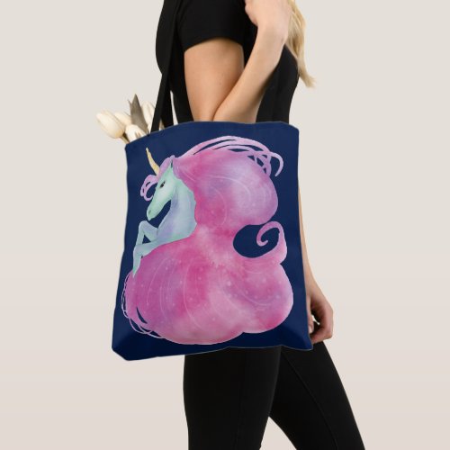 Pretty Pink Unicorn on Blue Tote Bag