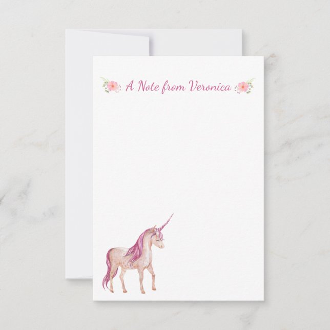 Pretty PInk Unicorn Personalized Floral Note Card (Front)