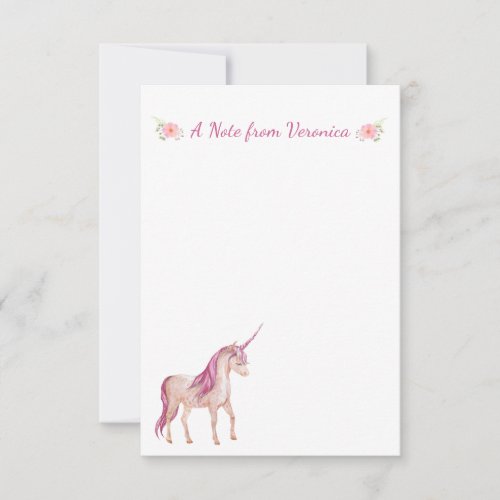 Pretty PInk Unicorn Personalized Floral Note Card