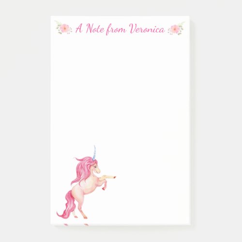 Pretty PInk Unicorn Personalized Floral Post_it Notes