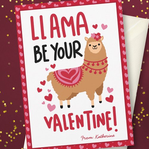 Pretty Pink Valentines Day Llama Classroom Note Card