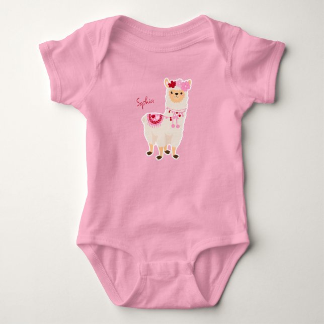 Pretty Pink Valentine's Day Llama Little Girl Name Baby Bodysuit (Front)