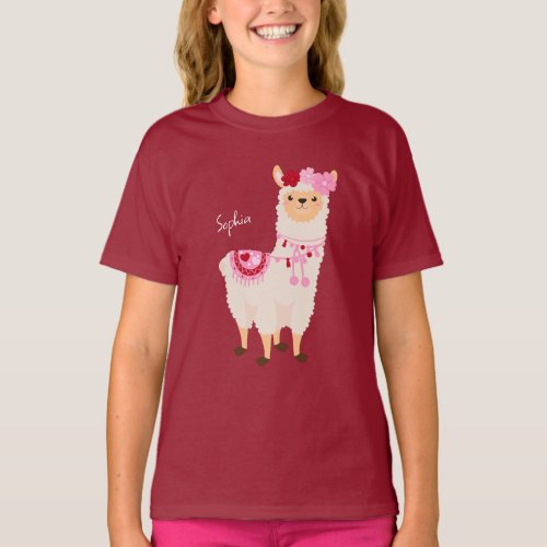 Pretty Pink Valentines Day Llama Little Girl Name T_Shirt