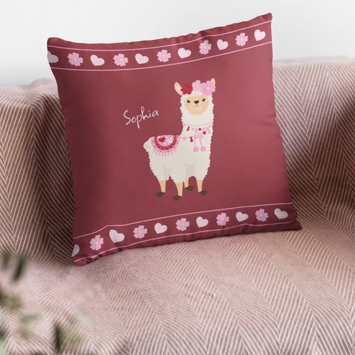 Pretty Pink Valentines Day Llama Little Girl Name Throw Pillow